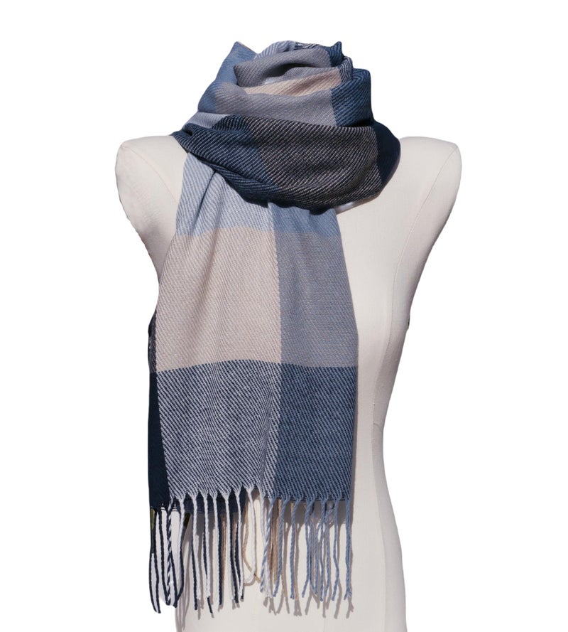 Wander Agio Women's Fashion Scarves Long Shawl Winter Thick Warm Knit Large Scarf Plaid Rough Navy Blue 21 - Image 4